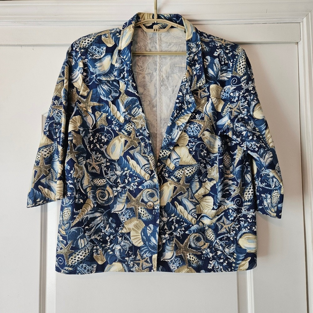 Norm Thompson Blazer Jacket Womens Large Blue Coastal Nautical Seashell Starfish